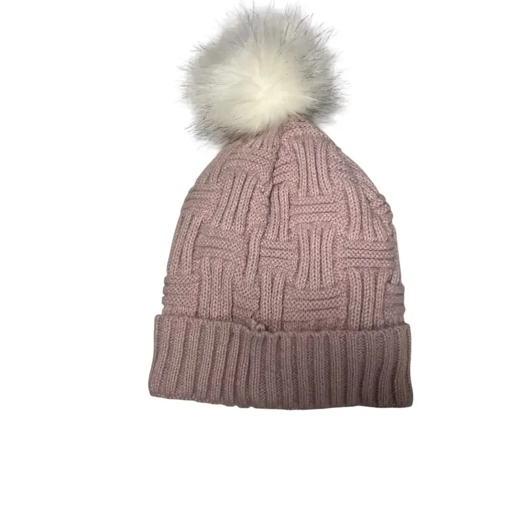 Britt's Knit's Girl's OS Lined Pink Pom Pom Winter Crochet Beanie Hat Ball Cap
